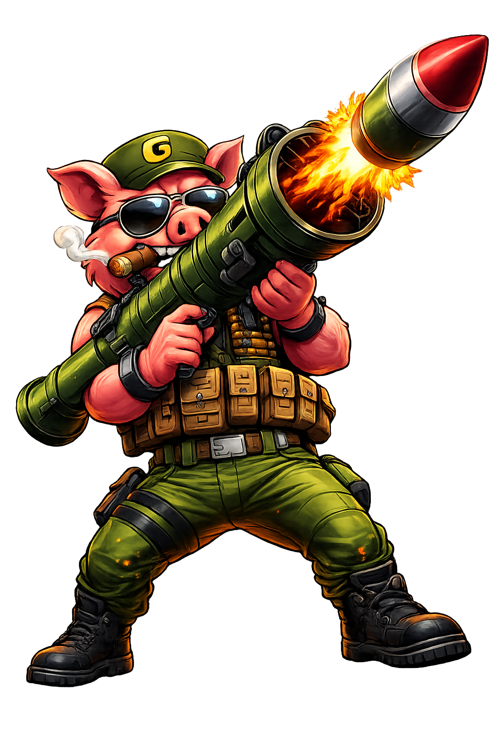 General GunoPig firing a rocket launcher with a launched rocket and muzzle flash